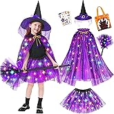 Jeowoqao Witch Costume for Girls Halloween Costumes,Light up Halloween Dress up Witch Cape Skirt Broom for Girl 3 4 5 6