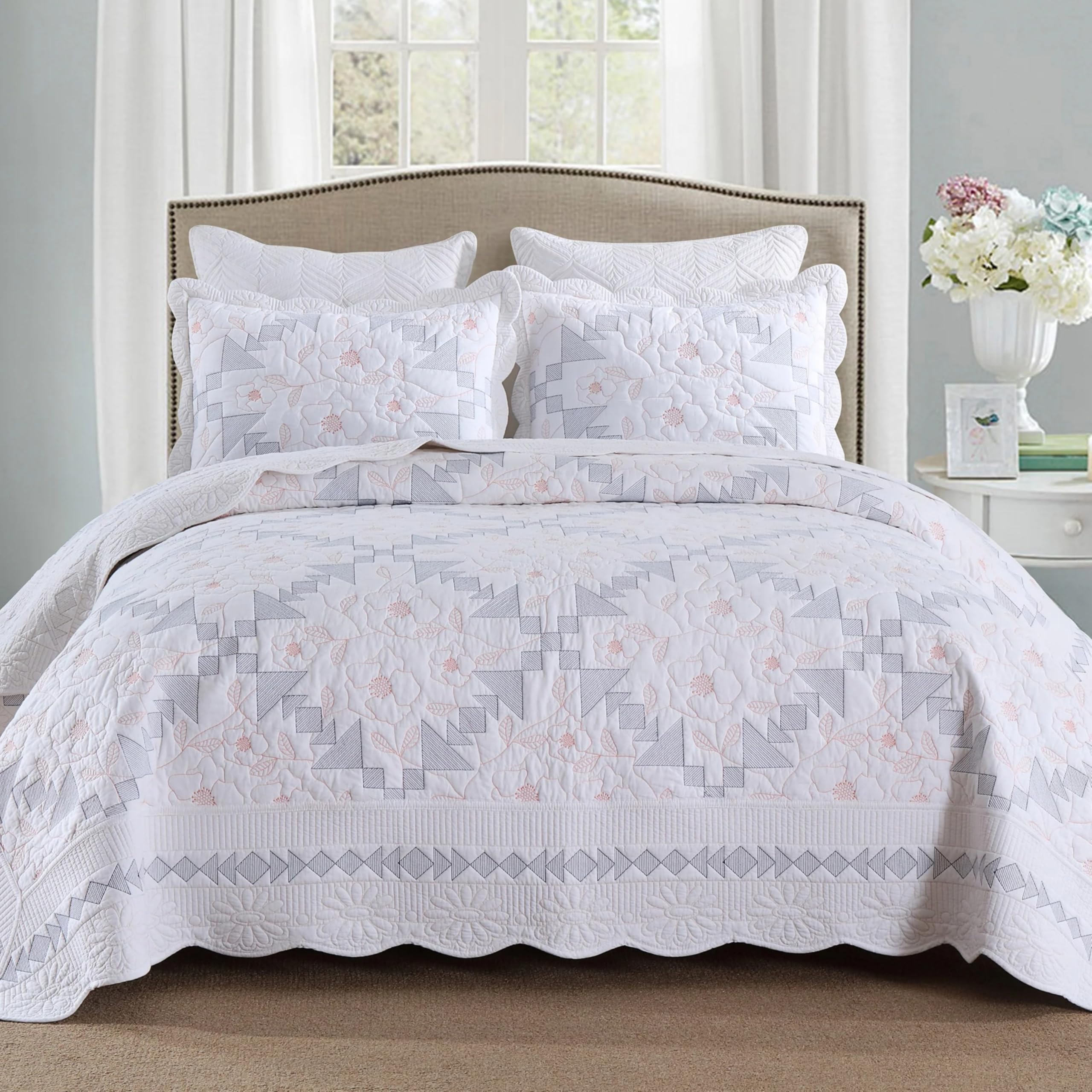 Photo 1 of MarCielo 3-Piece 100% Cotton Oversized Bedspread Lightweight Quilt Coverlet Embroidery Farmhouse Bedding Set T0 (Wine Burgundy, King (118"x106"))