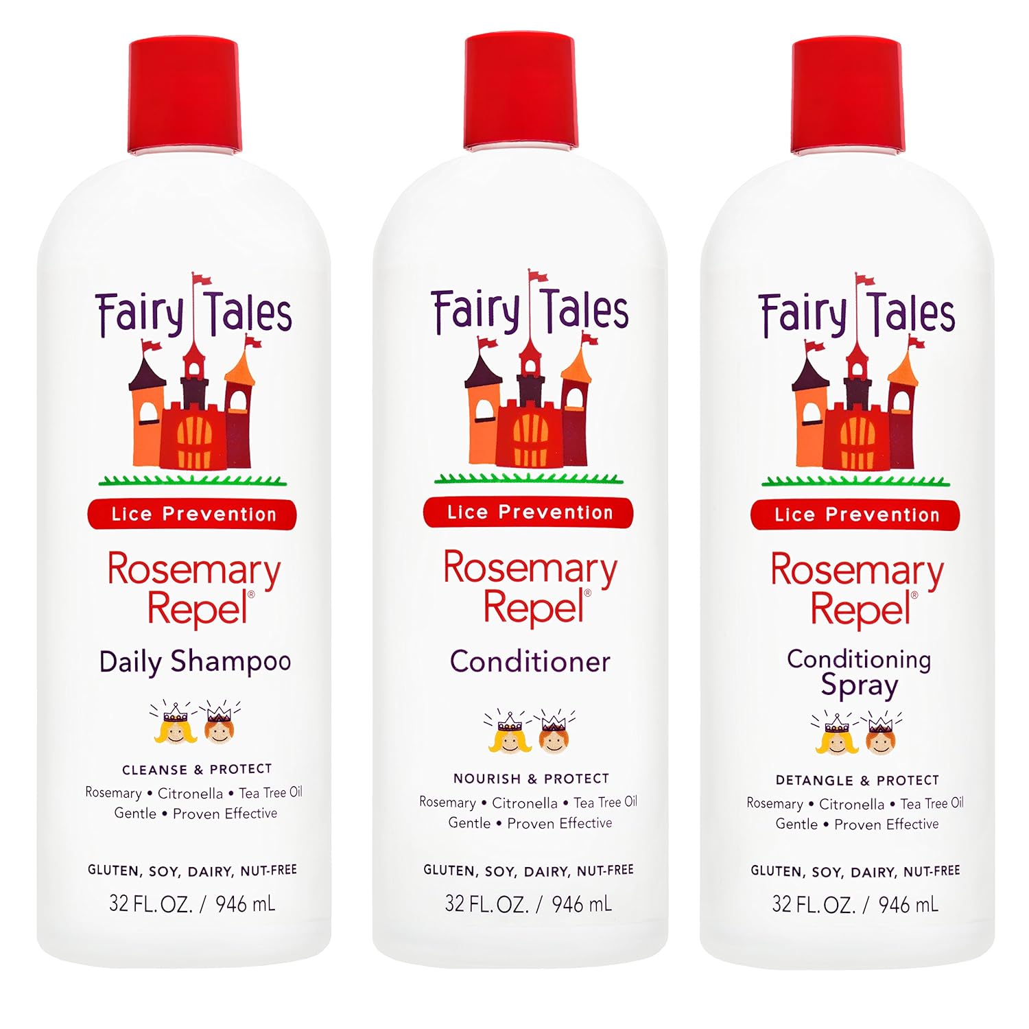 Fairy Tales Rosemary Repel Daily Kid Shampoo, Cream Conditioner & Conditioning Spray Refill Trio for Lice Prevention