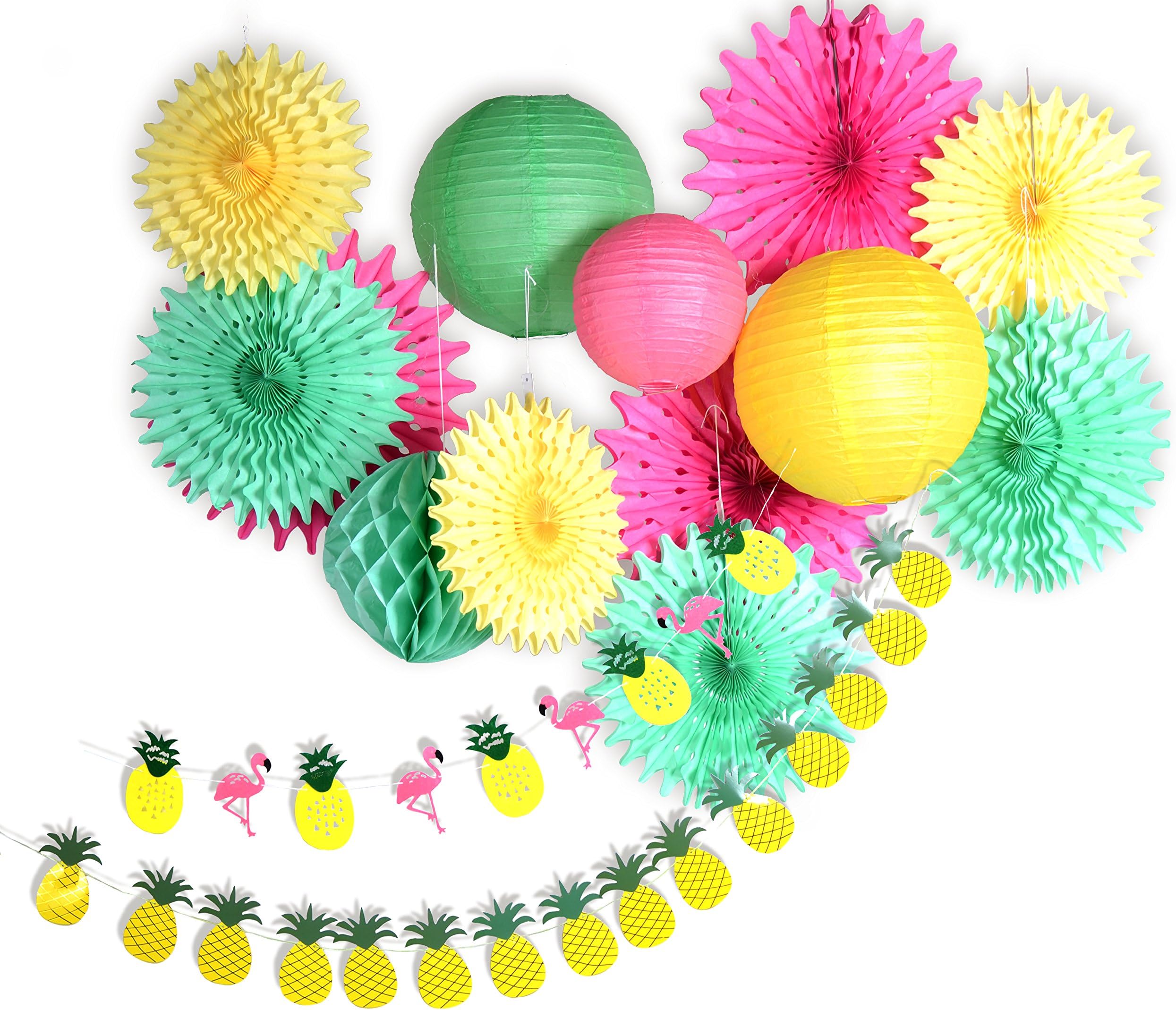 PAPER JAZZ Pineapple Summer Luau Pool Party Tropical Hawaiian Baby Shower Birthday Decoration Paper Pineapple Flamingo Garland Banner Fan Lantern kit (Flamingo & Pineapple)