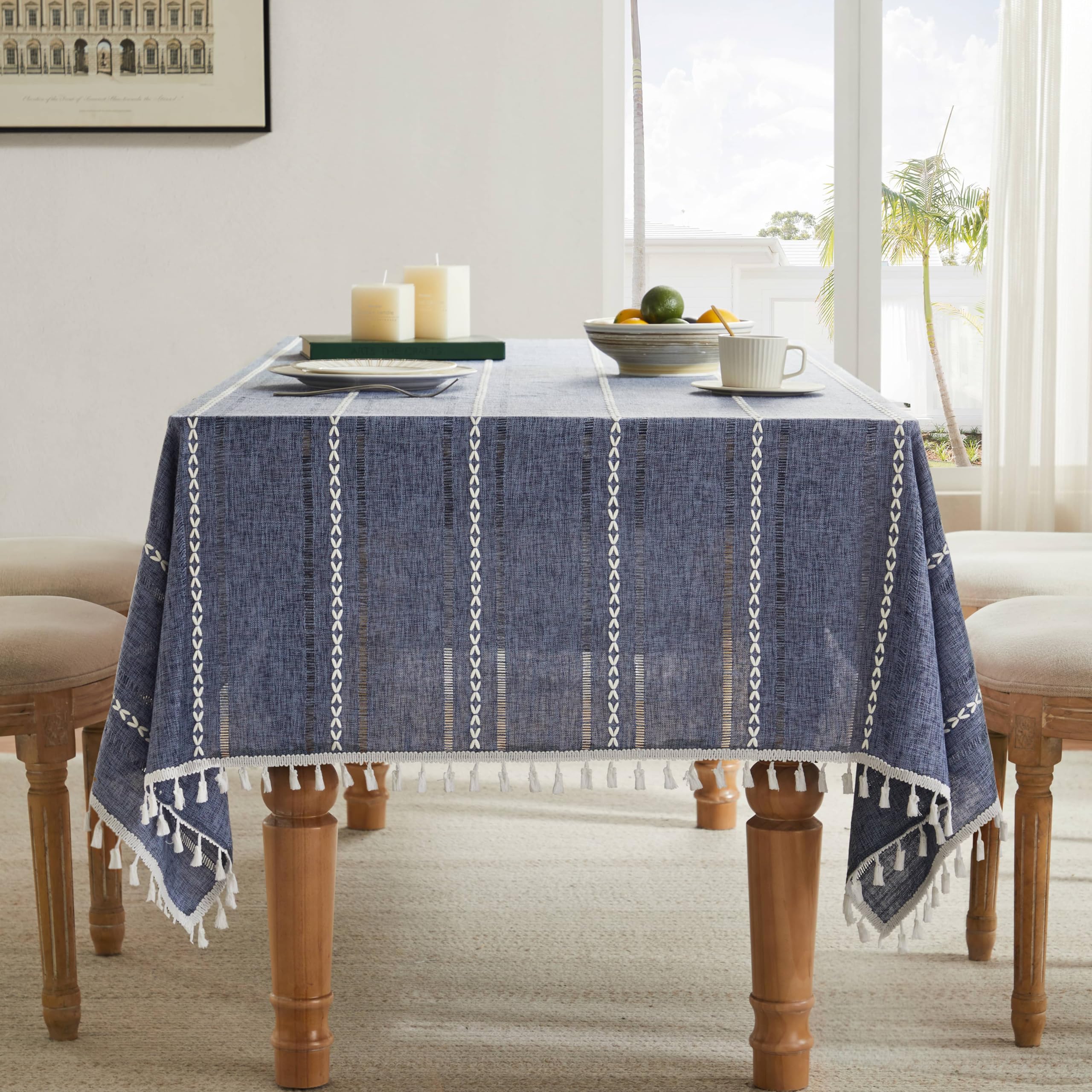 Photo 1 of ZeeMart Hemstitched Embroidery Striped Boho Tablecloth 54x54 Inch Navy Blue, Heavy Weight Farmhouse Burlap Linen Navy Tablecloth, Wrinkle Resistant Washable Table Cloth for Square Table