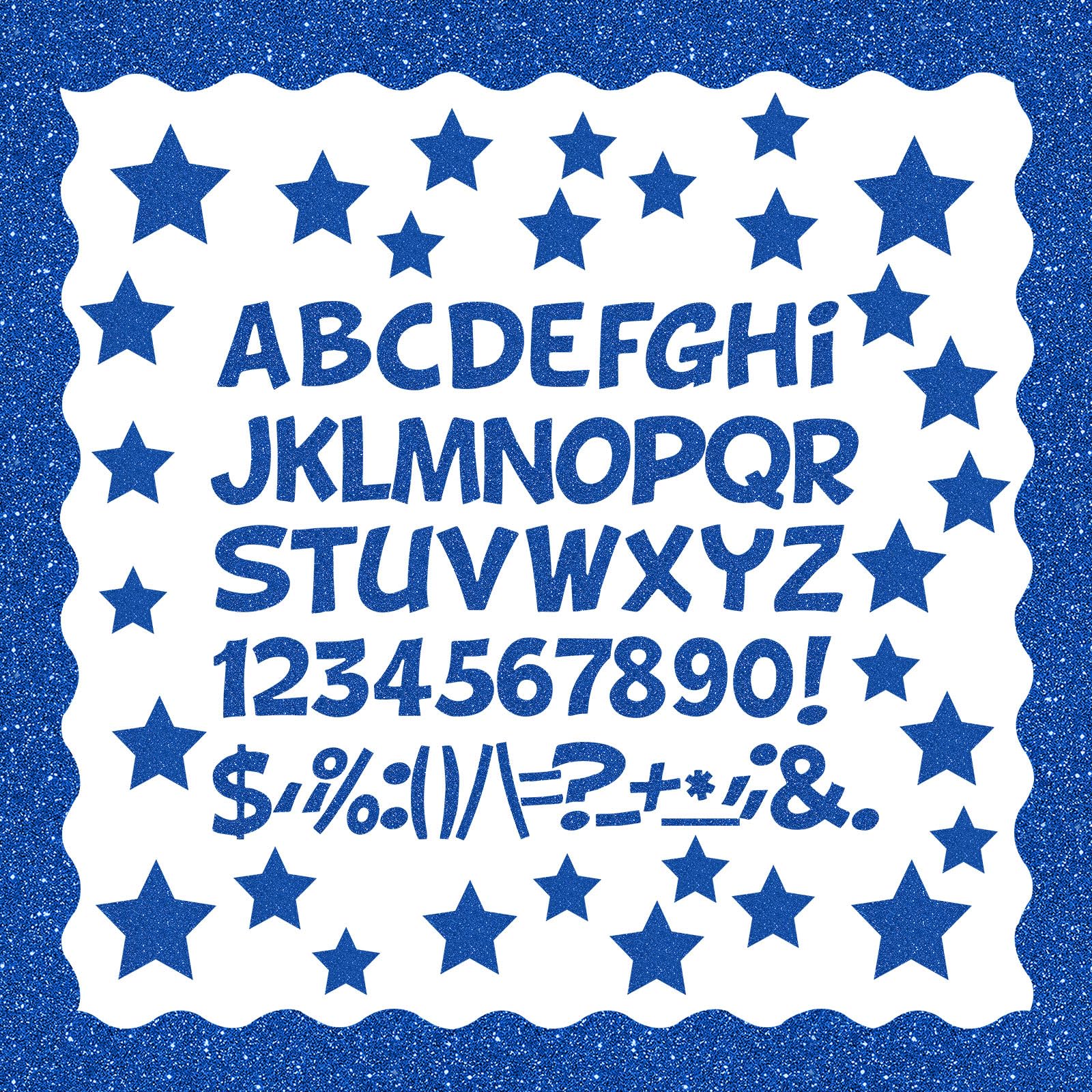 Photo 1 of Containlol 188 Pcs Blue Glitter Bulletin Board Border Poster Letter Star Cutout Set, 59 ft Scalloped Border Trim Alphabet Letter Stars Number Punctuations for Classroom School Decor