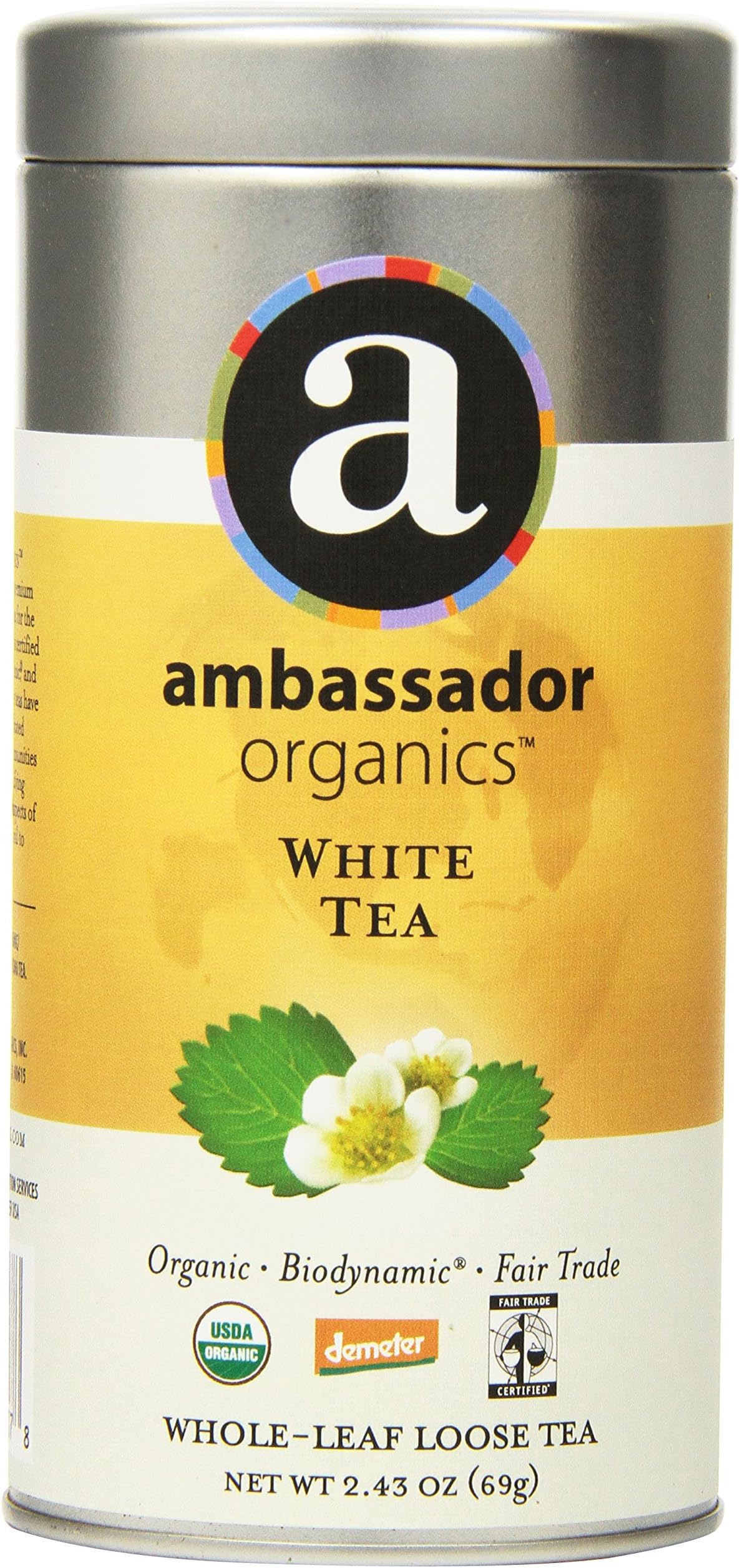 Ambassador Organics Organic White Tea, Whole-leaf Loose, 1.45 Ounce Tins (Pack of 2)
