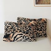 XeGe Fluffy Faux Fur Tiger-Leopard Patchwork Print Pillowcases, 2 Pack Cozy Plush Fuzzy Long Bed Pillow Covers, 20x26 Shaggy Furry Pillow Shams with Zipper Bed Couch Sofa, Brown and Black, Standard