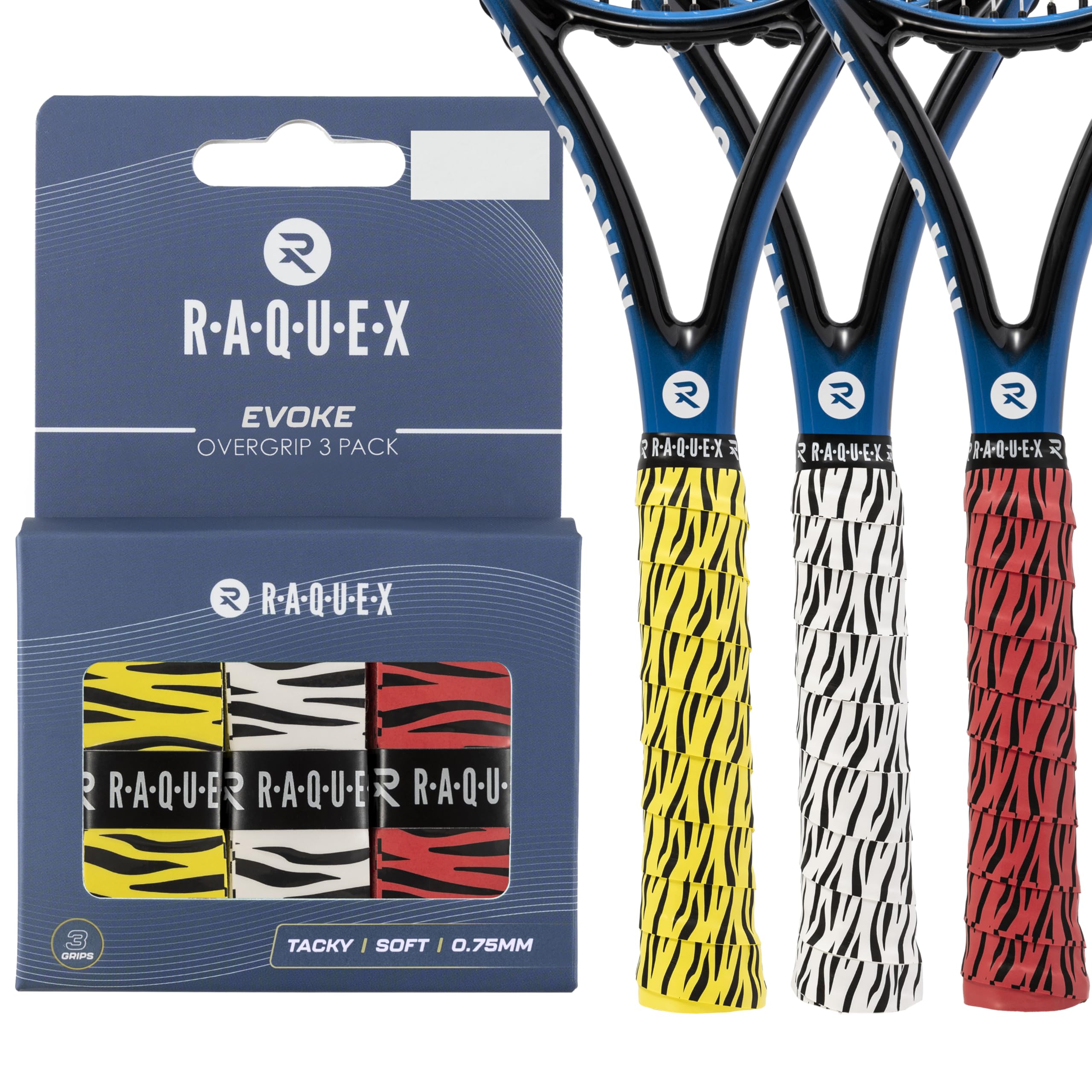 Raquex Evoke Overgrip Tape 3 Pack - Tennis Racket Grip Tapes (11 Designs) - Racquet Anti Slip Tape Overgrip for Tennis Rackets, Badminton, Squash, Padel. Finishing Tape Included