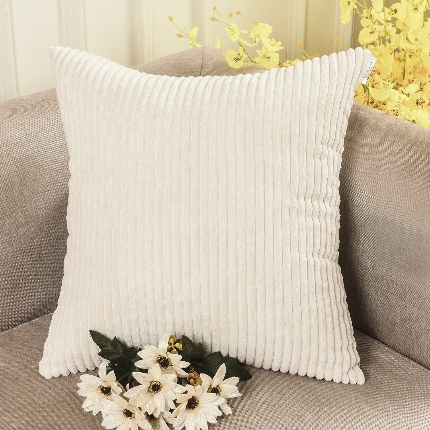 Home Brilliant Super Soft Plush Corduroy Solid Textured Large Throw Euro Pillow Sham Cushion Cover for Couch Floor, 26 x 26(66cm), Cream Cheese