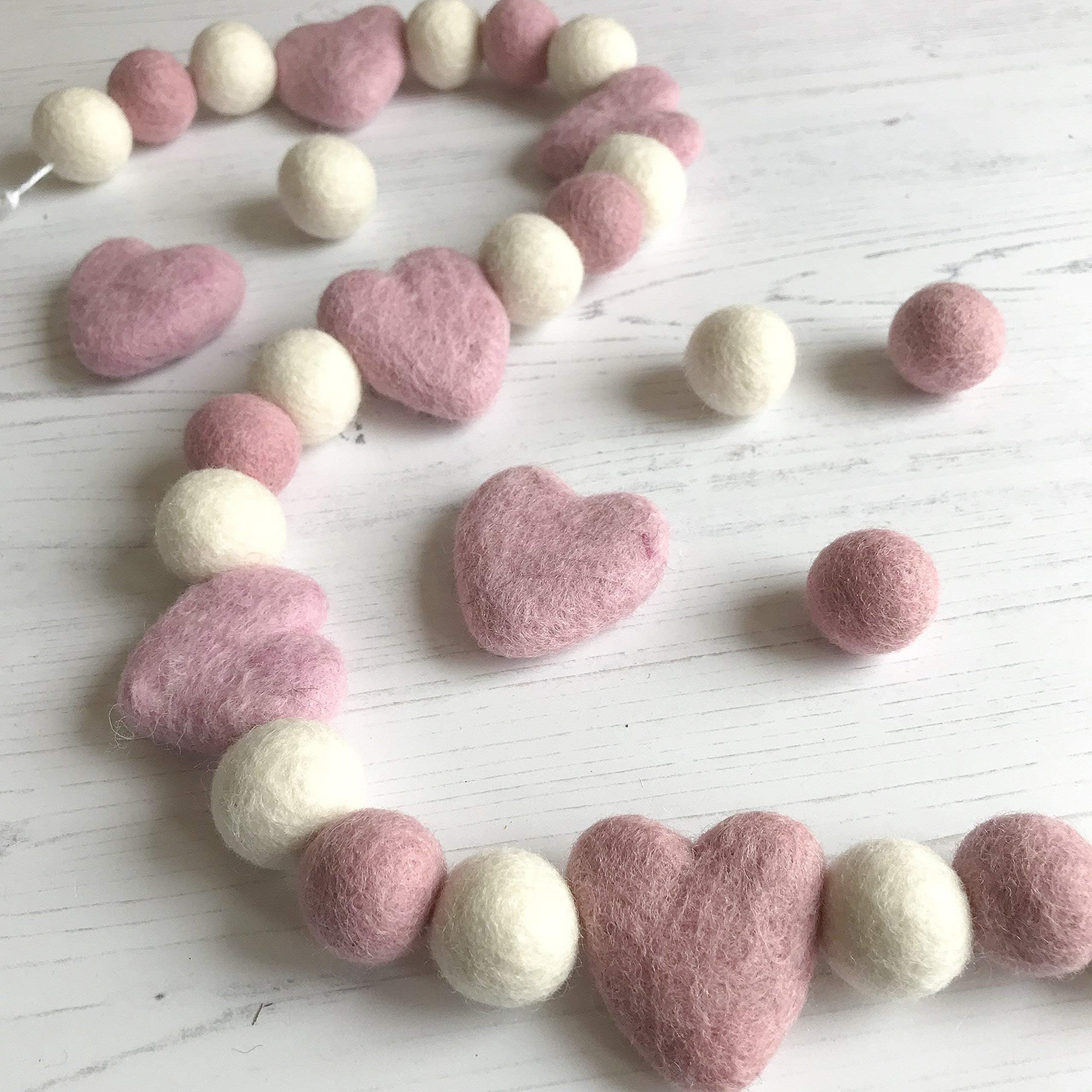Nursery Heart and Felt Ball Pom Pom Garland in Dusty Pink and White By Stone And Co