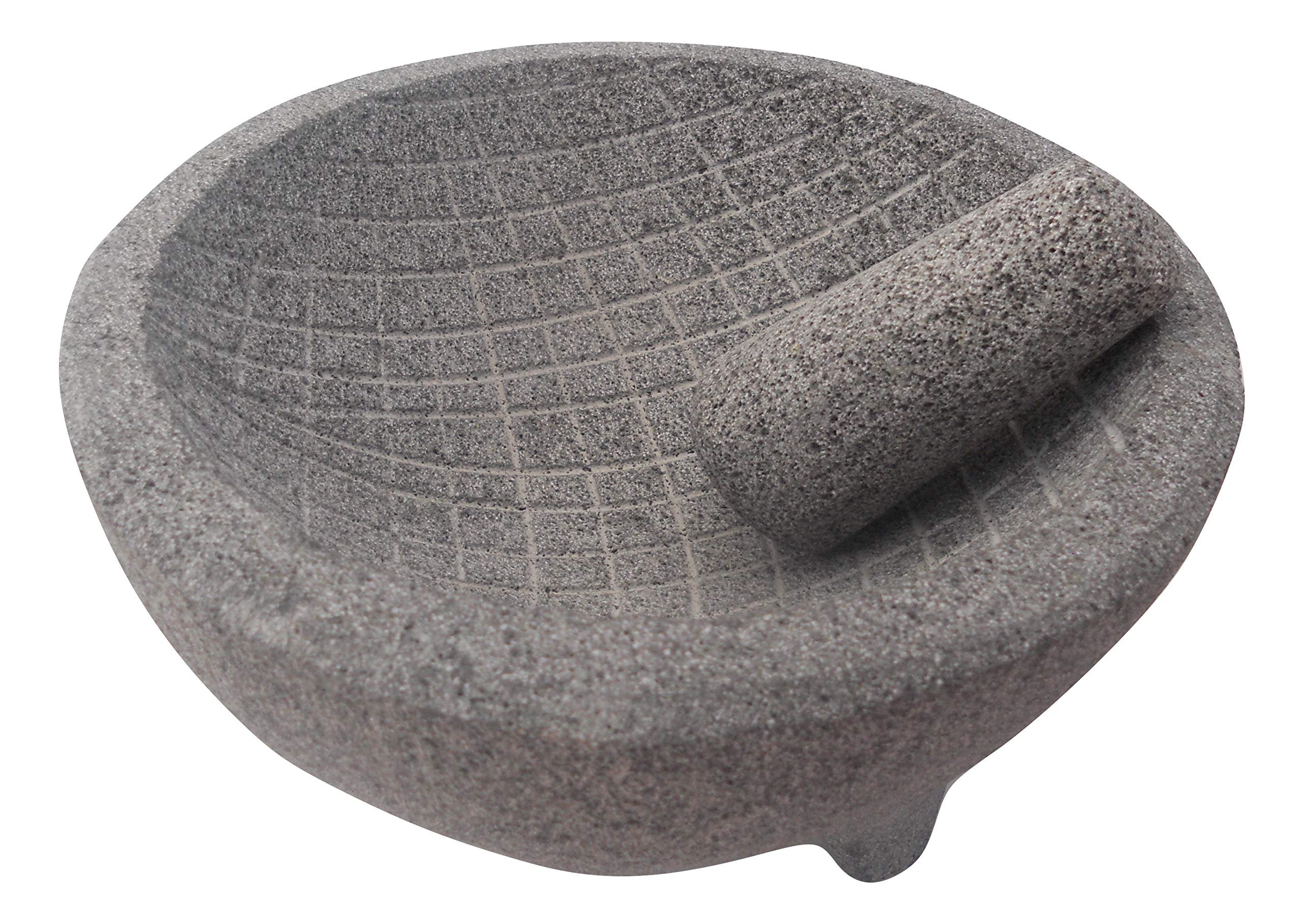 Guacamole Mortar and Pestle Set. Mexican Molcajete Stone Bowl. Guacamole Bowl. 8 inch. Grey Grid