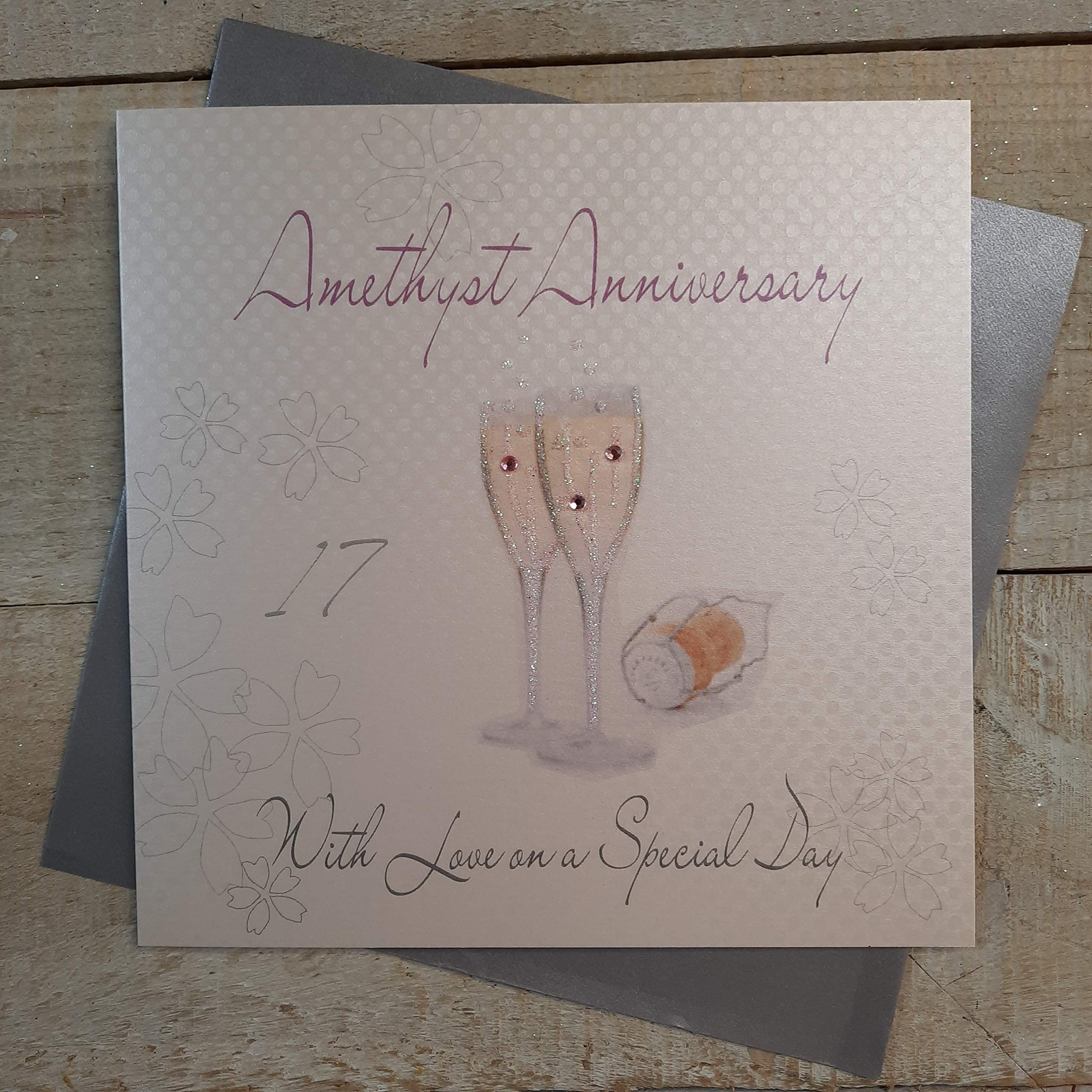 WHITE COTTON CARDS WA17 Amethyst Love On Your Special Day, Handmade 17th Anniversary Card (Champagne Glasses)