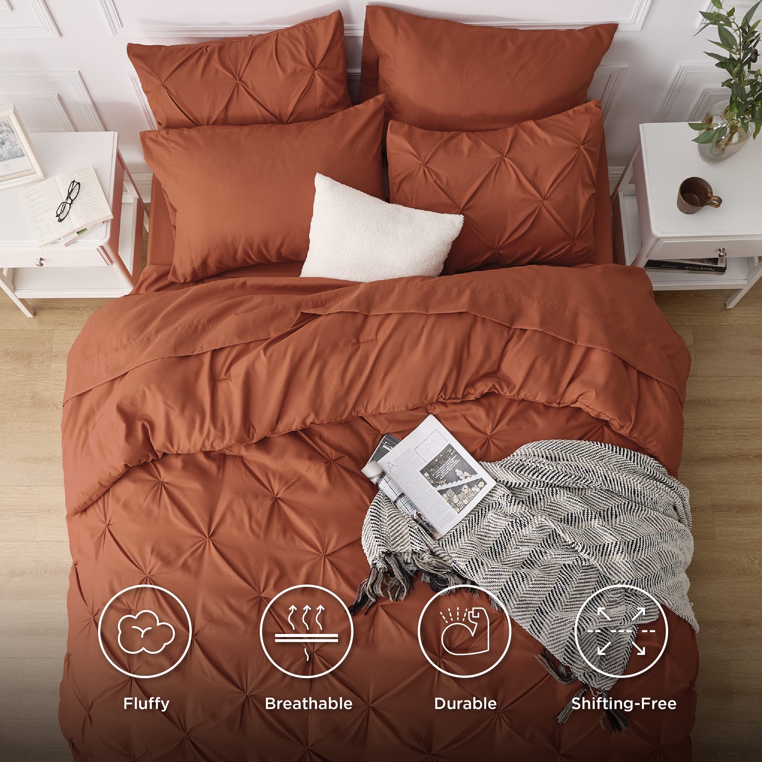 Bedsure California King Comforter Set Burnt Orange - Bed in a Bag California King Size 7 Pieces, GentleSoft™ Pintuck Bed Set Gift for Family, Pinch Pleat Comforter with Sheets, Pillowcases & Shams