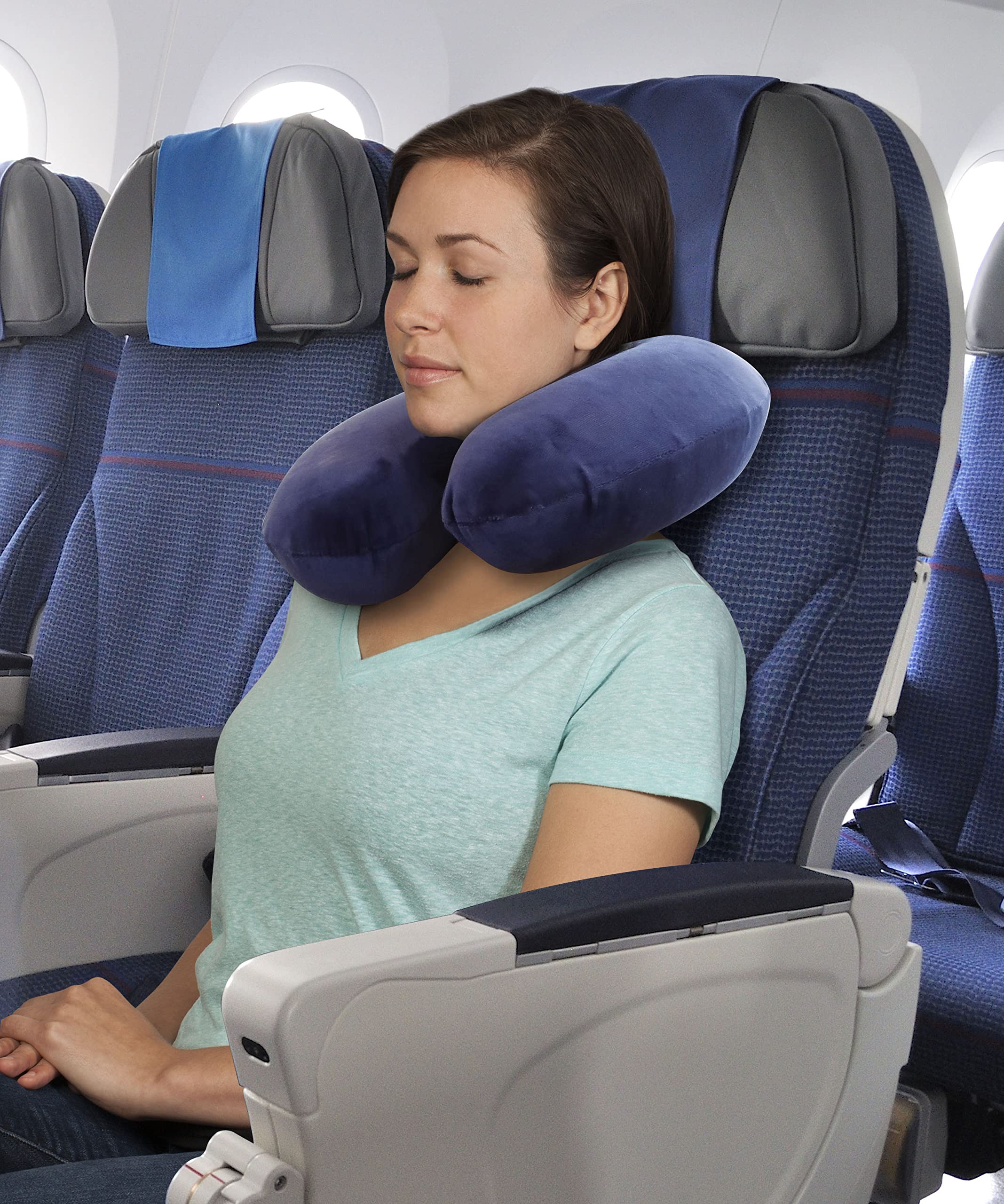 TravelMate Memory Foam Neck Pillow - Adjustable Thickness for Best Comfort, Dark Blue