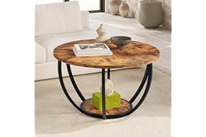 HOMERECOMMEND 2-Tier Circle Coffee Table with Storage,Round Coffee Tables for Living Room, Sofa Table Wood & Black Metal Acce