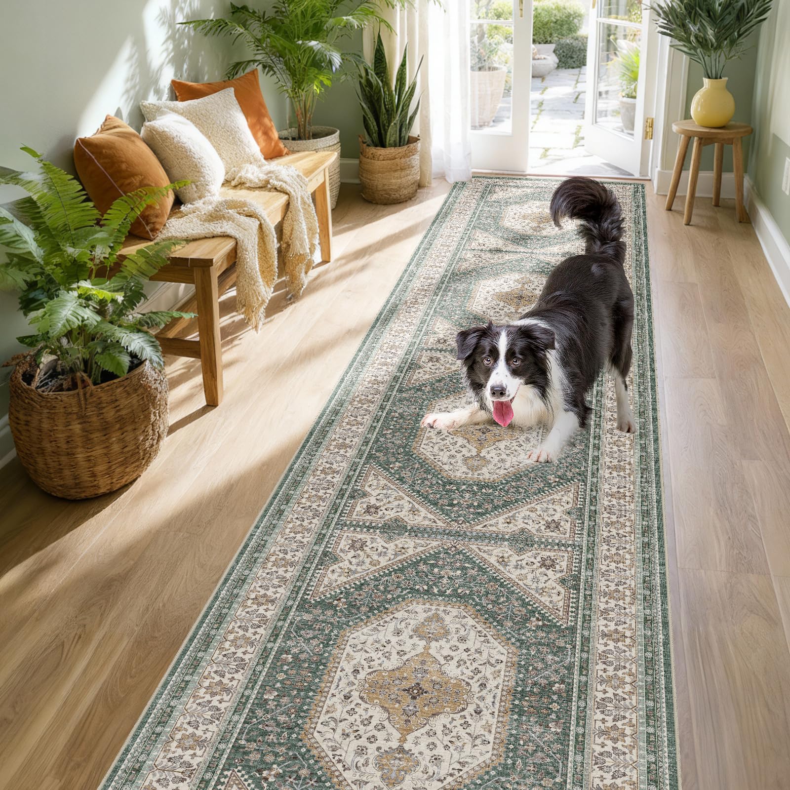 2x10 Runner Rug for Hallway Washable: Non Slip Kitchen Rugs with Rubber Backing Soft Waterproof Wide Mats Stain Resistant Low Pile Carpet for Entryway Bedroom Bathroom Laundry Home Decor Green/Beige Image