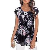 Furnex Women's Short Sleeve Tunic Shirt Pleated Mesh Blouses Summer Floral Tops