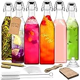 Nevlers 33 Oz Square Swing Top Glass Bottles with Stoppers | Flip Top Glass Bottle with Stopper 6 Pack | 1 L Syrup Bottle Set w/Funnel, Brush, Marker, Tags & Shrink Wrap | Dressing & Coquito Bottles