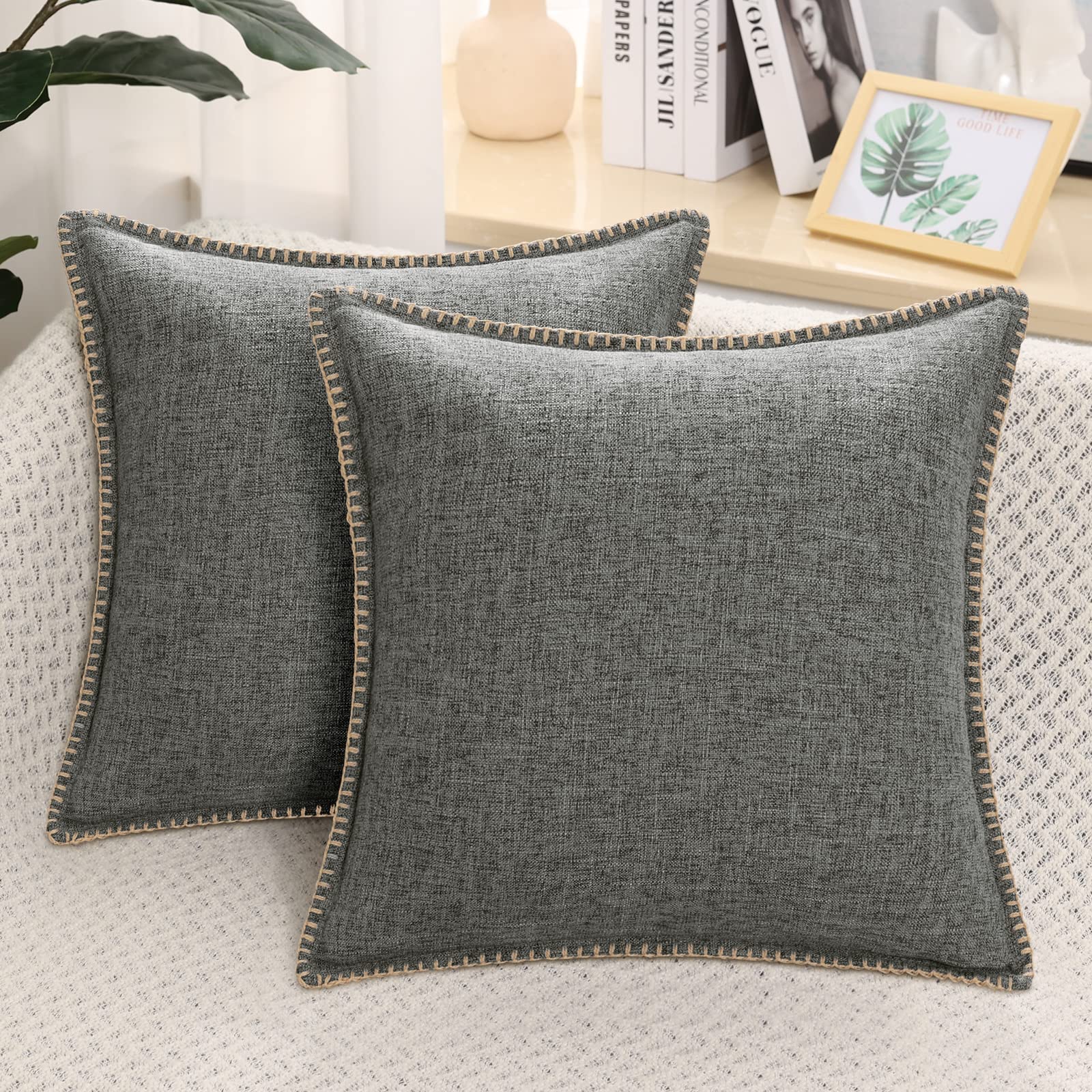 decorUhome Set of 2 Linen Cushion Covers 65X65cm,Decorative Outdoor Plain Vintage Cushion Covers with Stitched Edges, large Square Farmhouse Neutral Pillow case 26x26 Inch for Sofa, Dark Grey