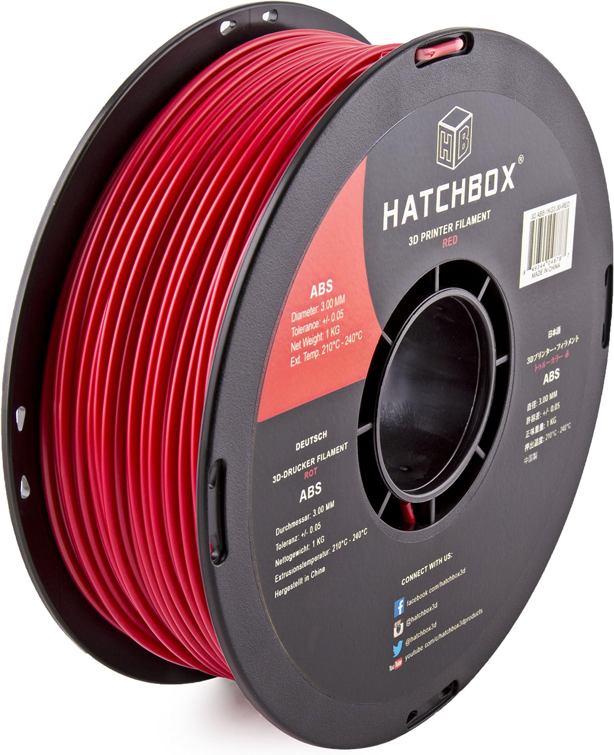 HATCHBOX ABS 3D Printer Filament, Dimensional Accuracy +/- 0.05 mm, 1 kg Spool, 3.00 mm, Red