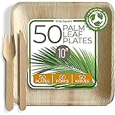 Compostable Square Palm Leaf Plates 10 Inch with Forks & Knives (50 Each) - Like Bamboo Plates, Disposable Party Plates, Biodegradable, Eco-Friendly, Microwave & Oven Safe