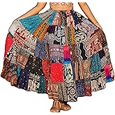 ThaiOnline4u Patchwork Skirt Long Boho Colorful Unique Gypsy Tiered Maxi Full Flared Rayon, Multicoloured, Large