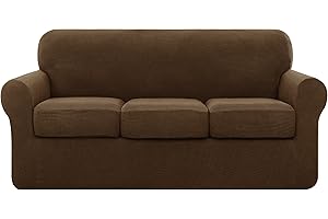 subrtex 4 Piece Sofa Cover High Stretch Couch Slipcover for 3 Cushion Soft Sofa Slipcover Jacquard Fabric Furniture Covers with Elastic Bottom Machine Washable(Coffee,Large)