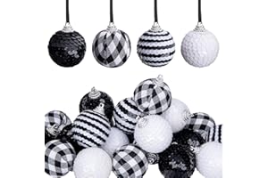 Deloky 24 PCS Buffalo Plaid Christmas Ball Ornaments - 1.6 Inch Black and White Sequin Decor for Xmas Tree and Fall Party