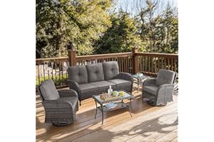Artfurniz 5 Piece Patio Furniture Set - Wicker Patio Conversation Set with Swivel Glider, 3 Seat Sofa, Tempered Glass Side Table and Coffee Table for Deck Backyard - Brown Wicker Grey Cushion