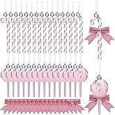 Pinkunn 30 Set Christmas Candy Cane Ornament with Bow Peppermint Candy Cane Christmas Tree Decoration Plastic Lollipop and Bow Hanging Ornaments for Xmas Tree Wreaths Holiday Decorations(Pink)