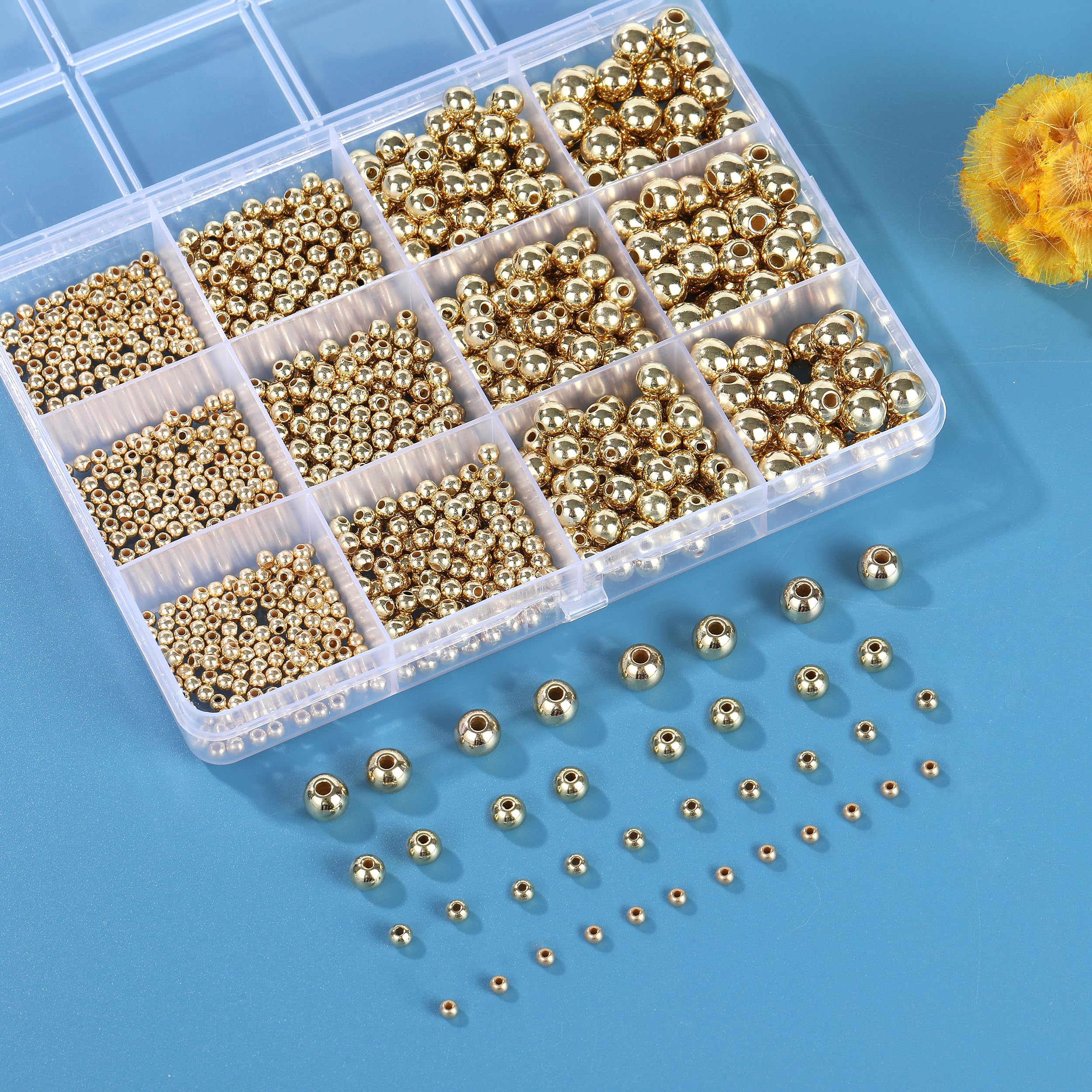 1100 Pcs Gold Beads Smooth Round Beads 3/4/6/8mm Gold Spacer Loose Ball Bead Kits Gold Filled Beads for Bracelet Jewelry Making