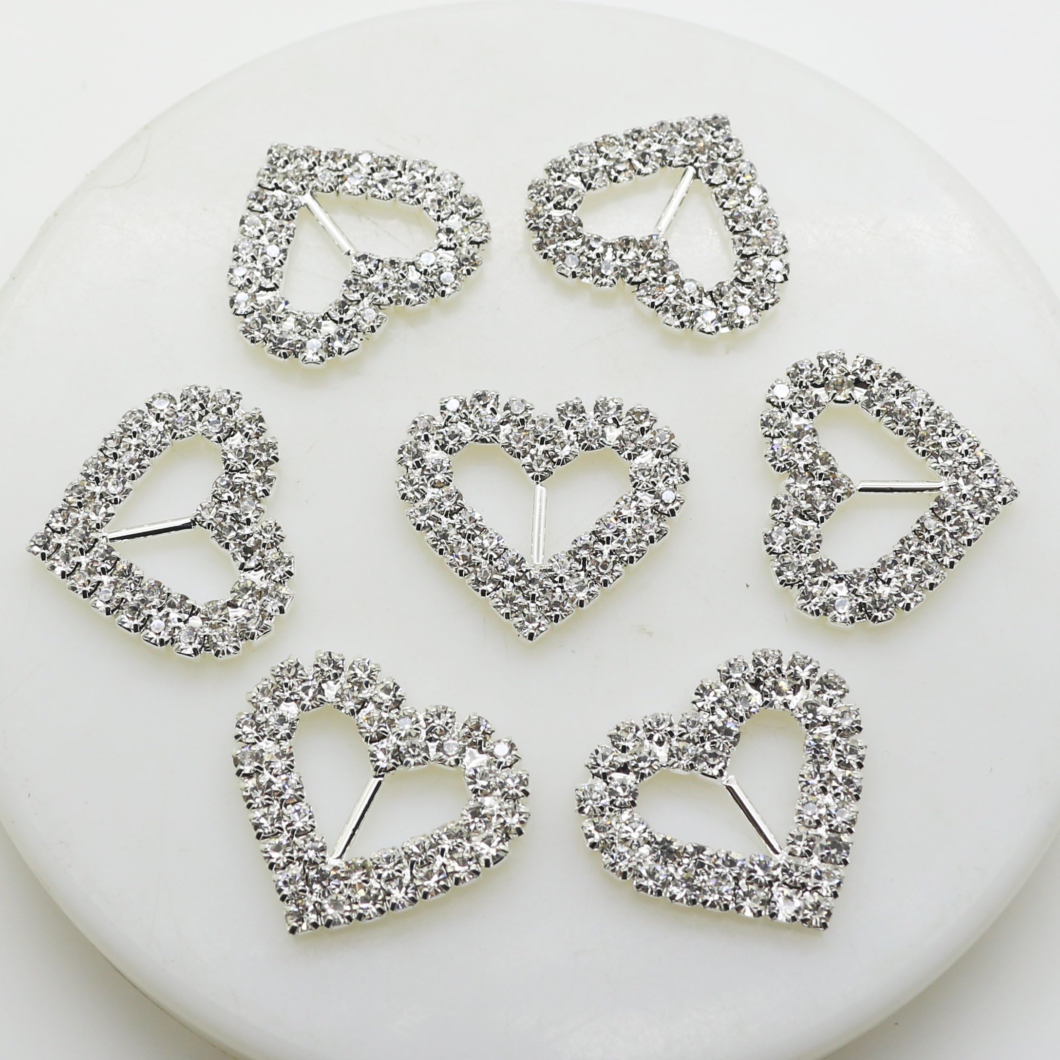 20pcs 28x27mm Double Heart Rhinestone Buttons Bar Double Row Circle Ribbon Buckles Garment Hair Jewelry Wedding Decoration Shoes Accessories Christmas Buckles