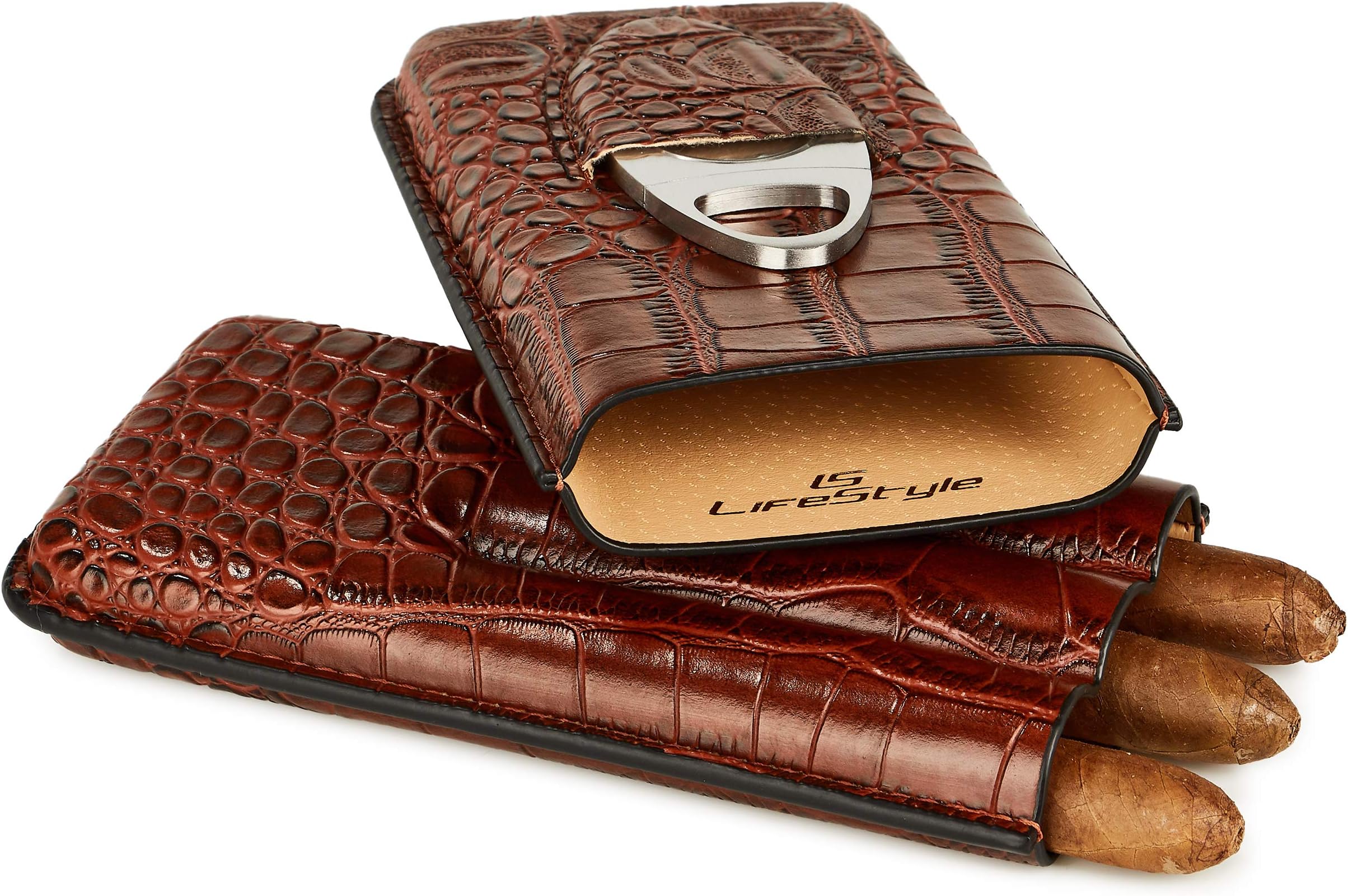 LS Lifestyle Leather Cigar Case โ 3 Tube Travel Humidor with Stainless Steel Cutter (Brown Leather)