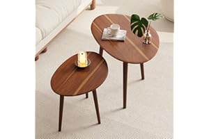 Semjar Small Oval Coffee Tables Set,Acacia Wood Tabletop Nesting Tables（25.6"x17.7"+17.7"x13.4" for Living Room Small Spaces Office,Easy Assembly Minimalist Walnut Mid Century Modern Coffee Table