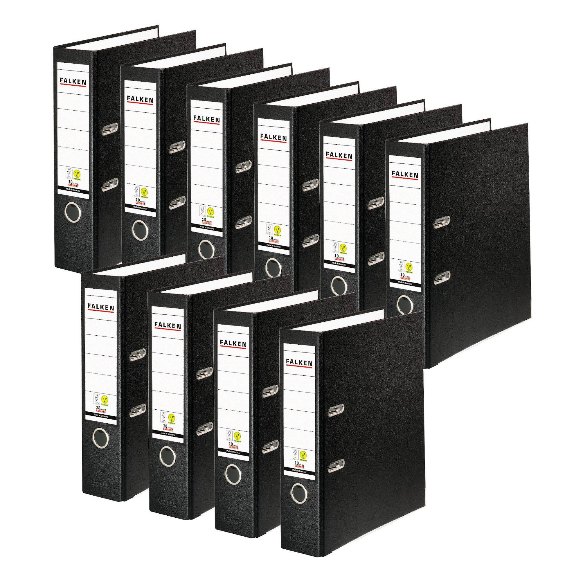 Original FALKEN Pack of 10 Black PP-Color Plastic Folders. 8 cm Wide DIN A4 Vegan Ring Binder File Folder. Made in Germany. FSC Certified