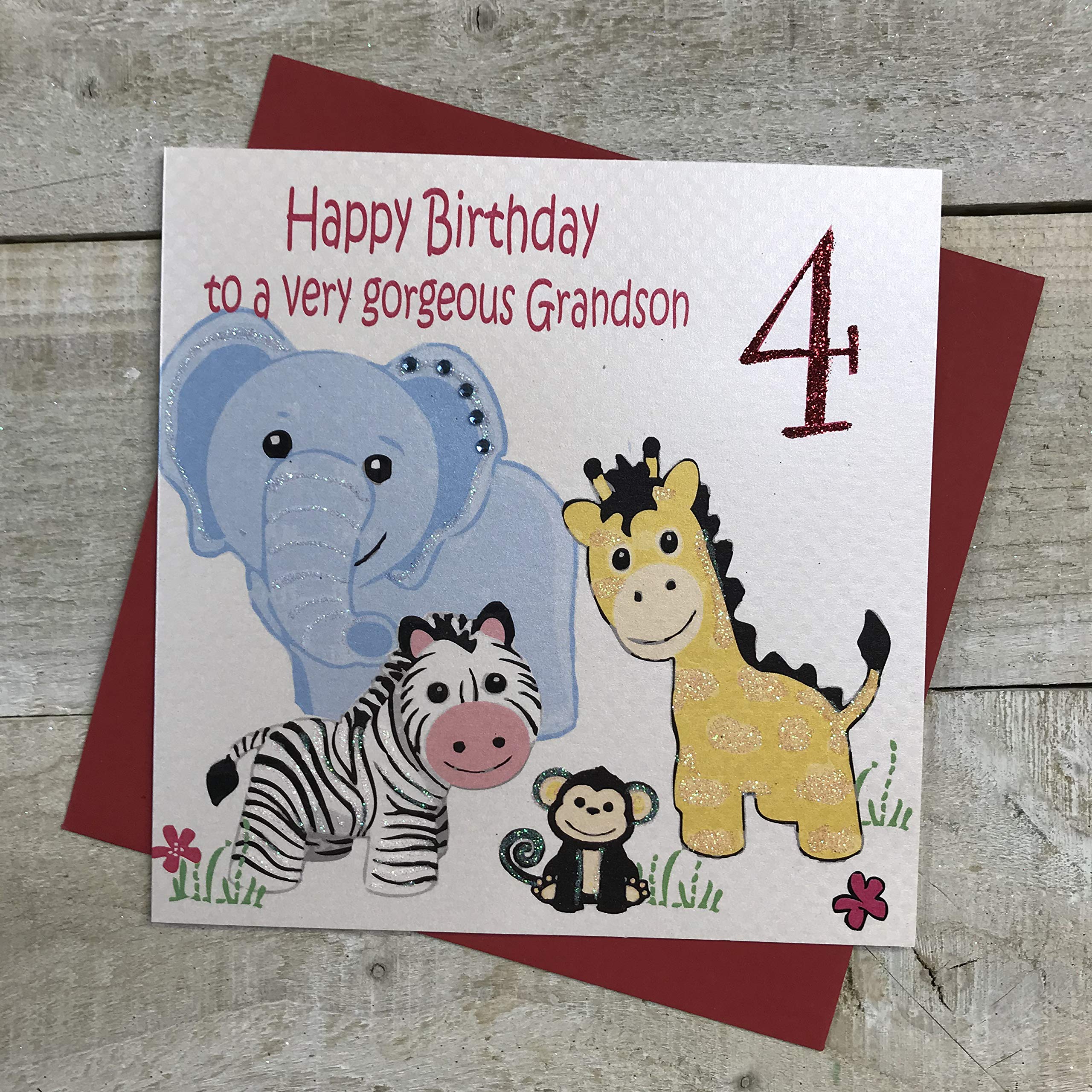 white cotton cards Handmade Happy Birthday To A Very Gorgeous Grandson 4" Safari Animals 4th Birthday Card, White, GL221-gs4