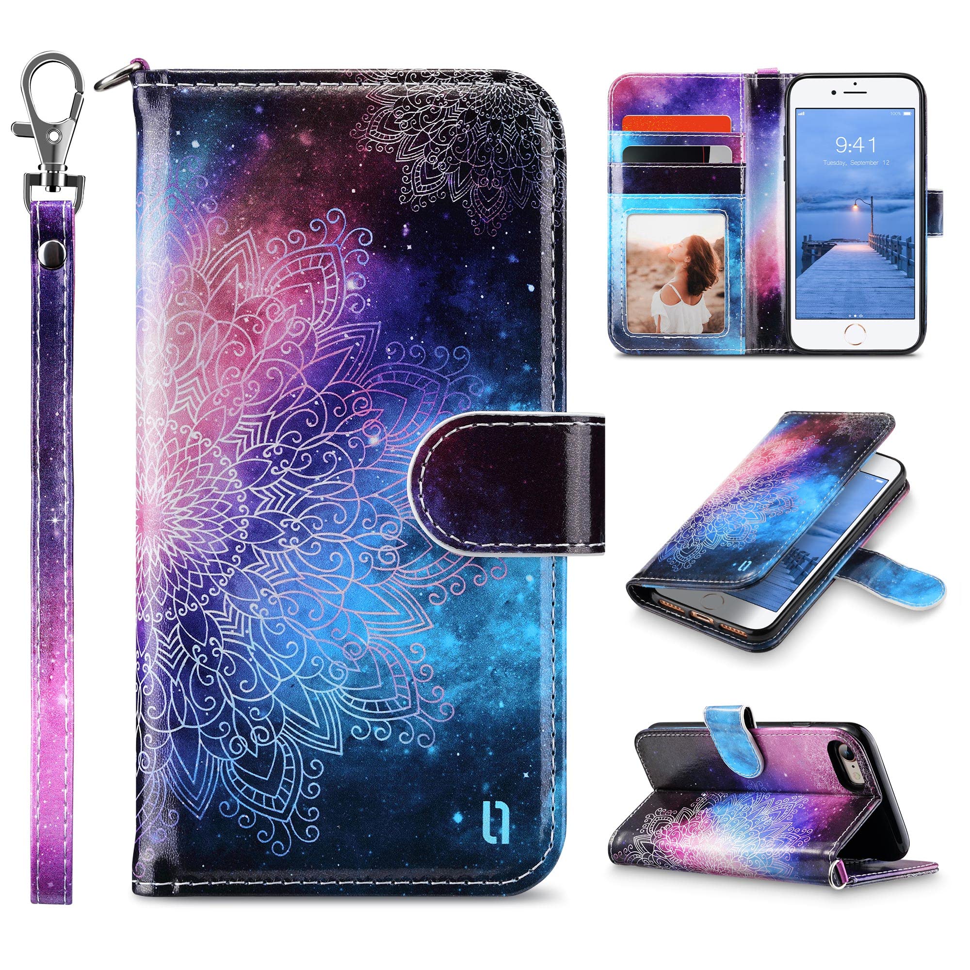 ULAK Wallet Case for iPhone SE 2022/2020/7/8, PU Leather Case with Card Holder Kickstand, Mandala