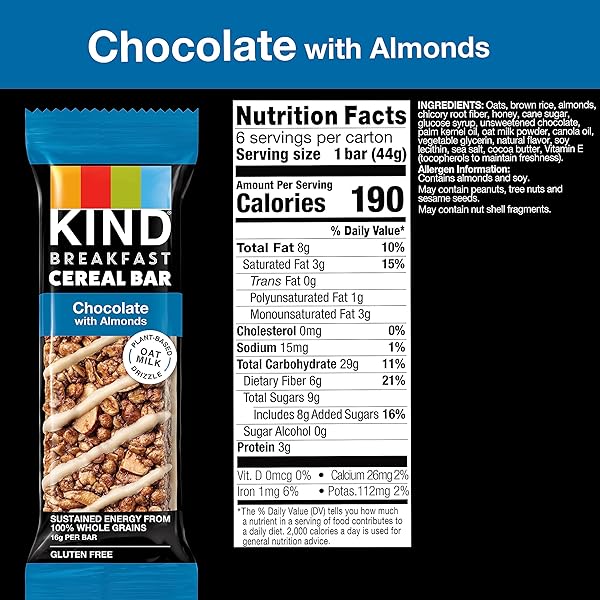 KIND BREAKFAST CEREAL BARS, CHOCOLATE WITH ALMONDS, HEALTHY SNACKS, GLUTEN FREE, 100% WHOLE GRAINS, 3G PROTEIN, 6 COUNT