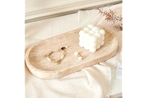 Denique Natural Travertine Tray, 12" Vanity Tray Oval Decorative Tray, Countertop Organizer for Perfume & Candles, Jewelry Dish Ring Holder for Bathroom Counter, Vanity, Dresser (Travertine Beige)