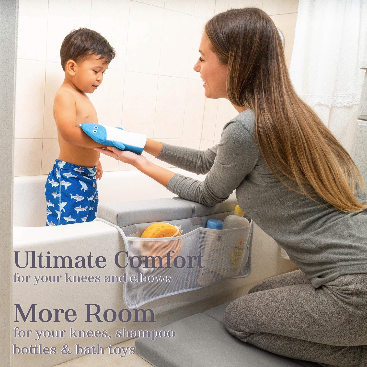 Bath Kneeler and Elbow Rest Pad - Batalee Set for Tub Bathing Large Padded Kneeler Mat for Extra Comfort 4 Extra Large Mesh Pockets Bathtub Toys Shampoo Soap Bottles Organized Baby Shower Newborn Gift : Baby