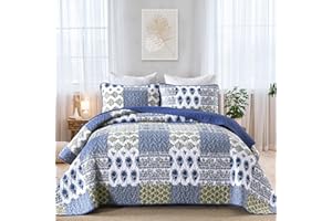 Mybedsoul Blue Quilt Set King Size 3 Pieces Boho Plaid Aqua Blue Floral Bedspread Set Microfiber Lightweight Bohemian Bedding Set for All Season (1 Quilt + 2 Pillow Shams) 90"x104"