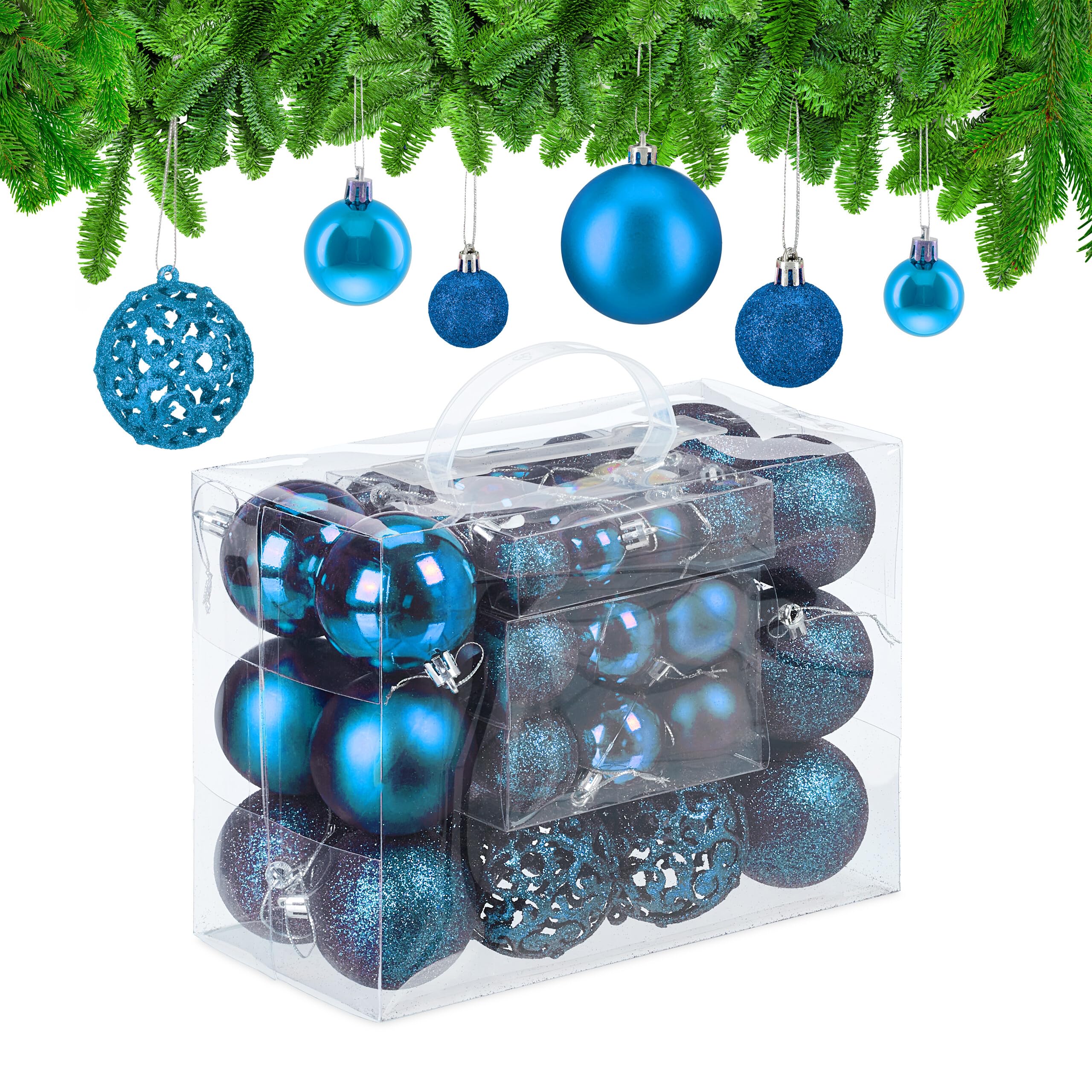 Relaxdays Christmas Bauble Set of 50, Glittery, Matt & Shiny Ornaments, Plastic Xmas Tree Balls, Ø: 3, 4 & 6 cm, Petrol