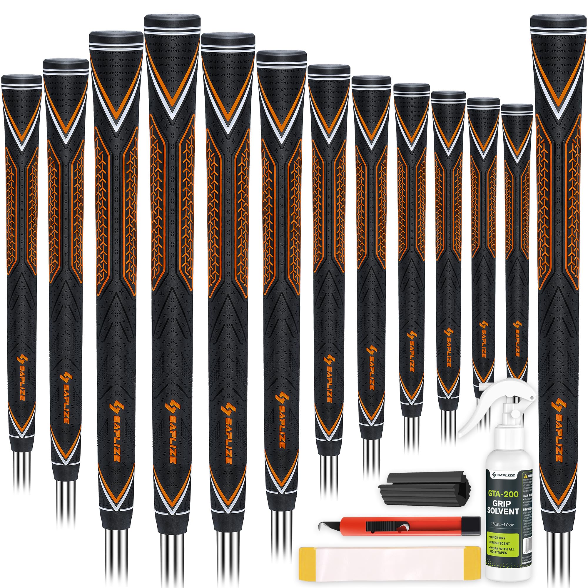 SAPLIZE High-Performance Rubber Golf Grips, High Shock Absorption, Non-Slip, 13 Grips with All Kits, Standard Size, Orange, CC10 Golf Club Grips