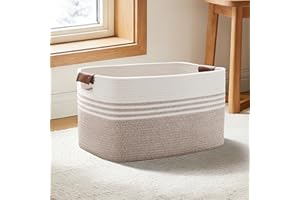 60L Medium Woven Laundry Basket with Removable Leather Handles, Cotton Rope Storage Bin for Blankets, Kids Toys, Clothes & Ba