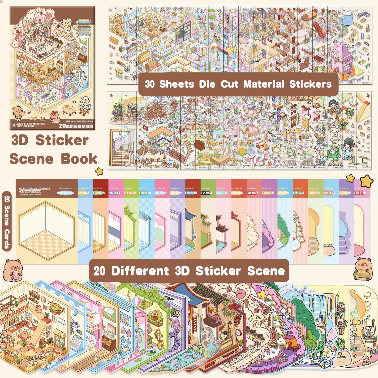 20 Sets DIY 3D Sticker Scene Collection Book for Kids Adults Cute Make Your Own Shop House Stickers for Gifts Stickers Therapy for Adult Relief Stress Pass The Time Play Park Hamburg Castle Library