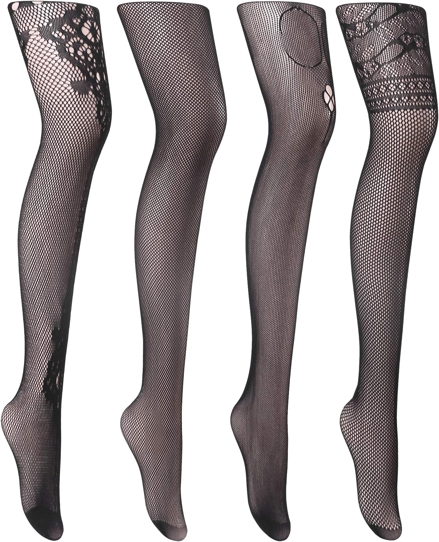Womens Fishnet Tights Suspender Pantyhose Thigh-High Stockings Black 4 Pairs