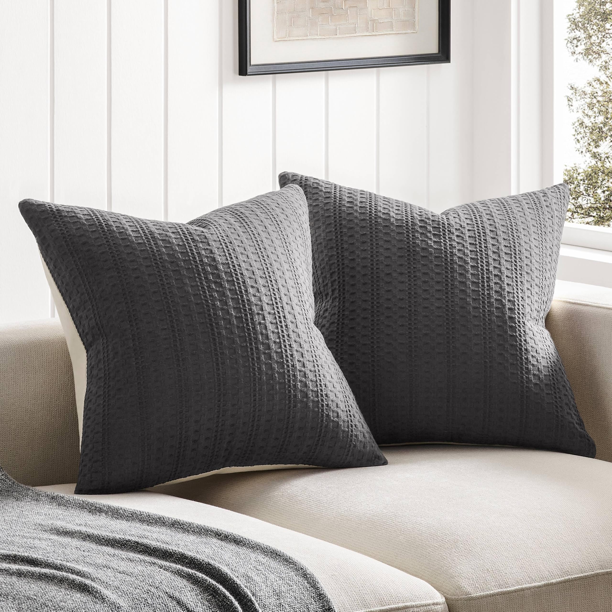 Photo 1 of ZeeMart 100% Cotton Waffle Textured Throw Pillow Covers Set of 2, 16x16 Inch Charcoal, Soft Farmhouse Decorative Couch Pillow Cases Dark Grey Cushion Covers for Sofa Bed Living Room Home Decor
