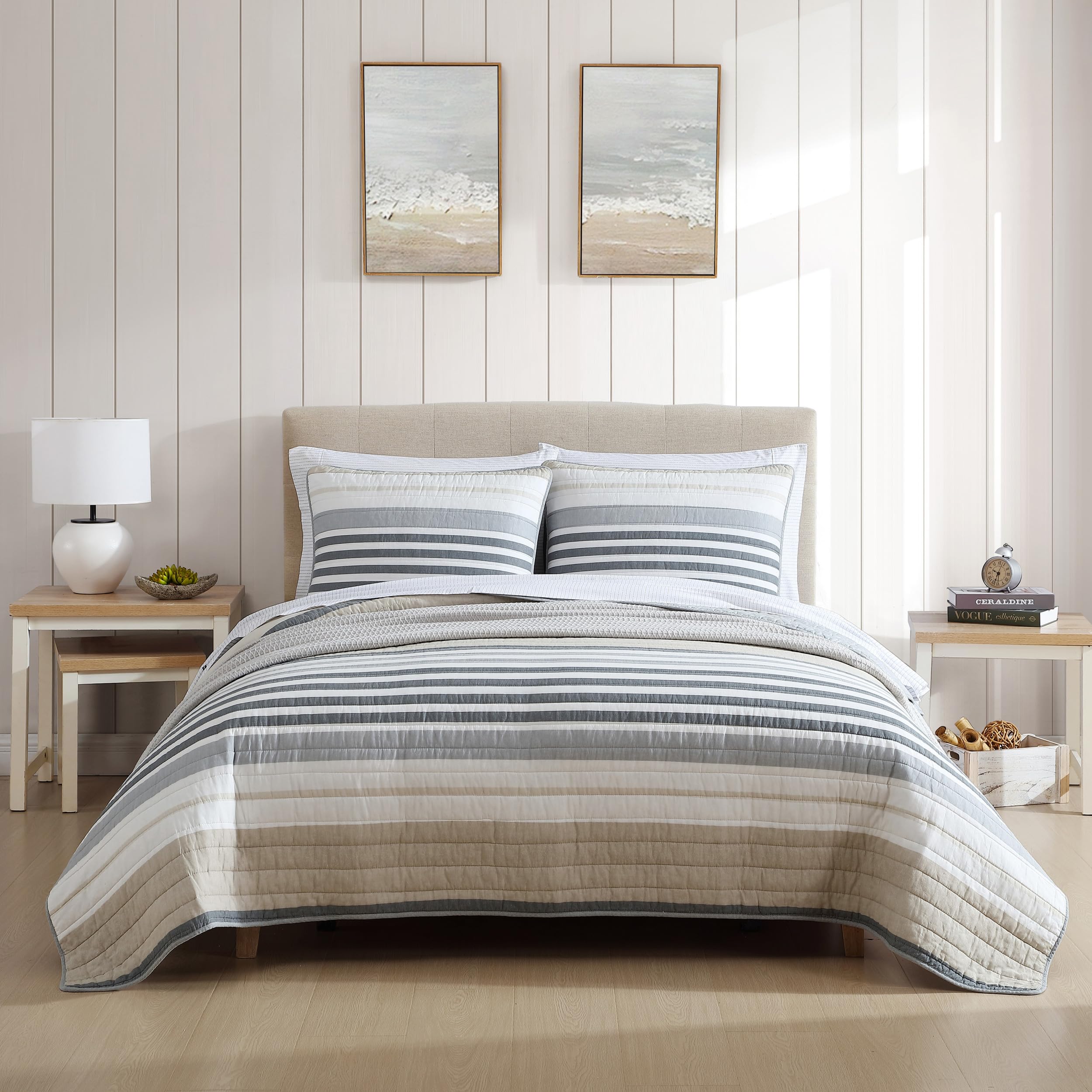 Photo 1 of Nautica - Twin Quilt Set, Reversible Cotton Bedding with Matching Sham, Modern Home Decor for All Seasons (Dover Beige, Twin)