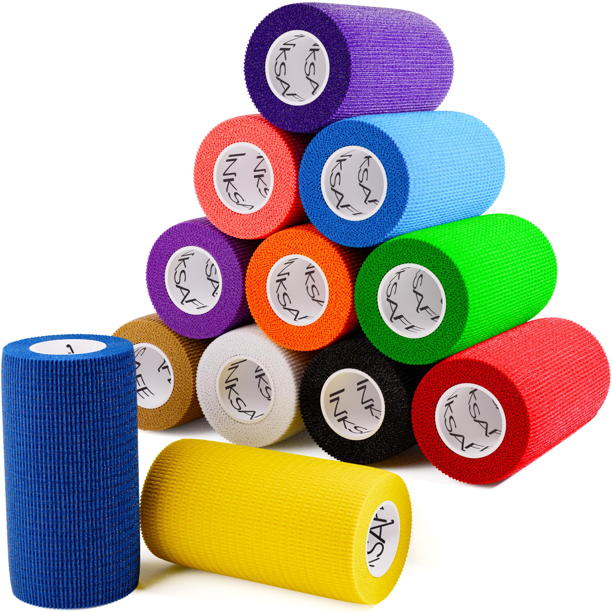 Inksafe Assorted Colours Self Adherent Cohesive Bandages 10cm x 4.5m Box of 12 - Uses Include Vet Wrap, Tape for Human Wrist and Ankle Sprains and Sports Injuries