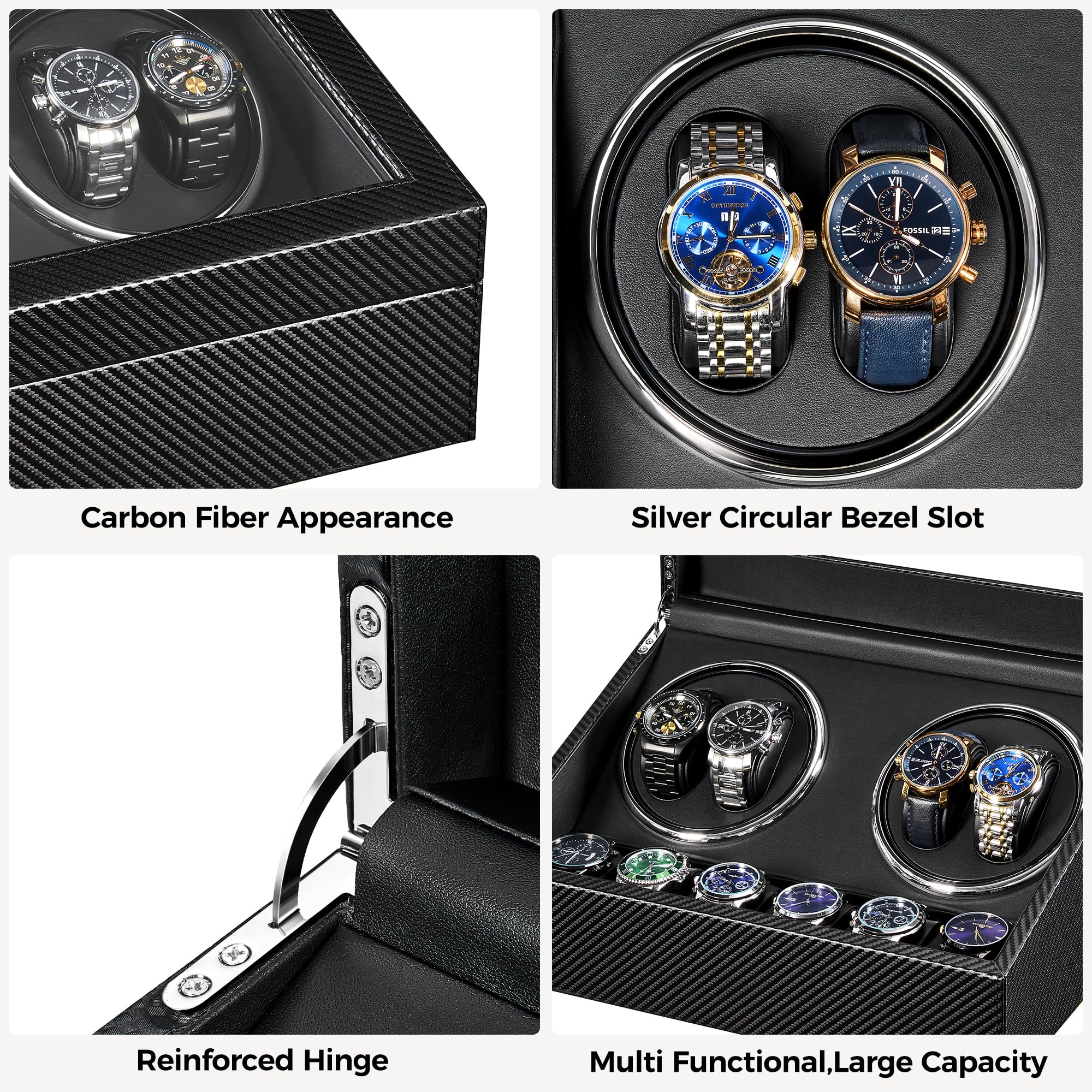ANWBROAD Watch Winders for Automatic Watches, Automatic Watch Winder with 4 Watch Rotator and 6 Extra Storages, 4 Watch Winder with Japanese Quiet Motor, Luxury Carbon Fiber Watch Winder,UJWW012C