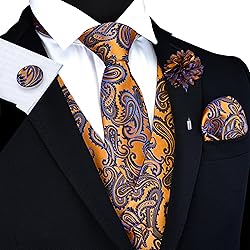 GUSLESON Mens Gold Royal Blue Paisley Suit Vest Tie