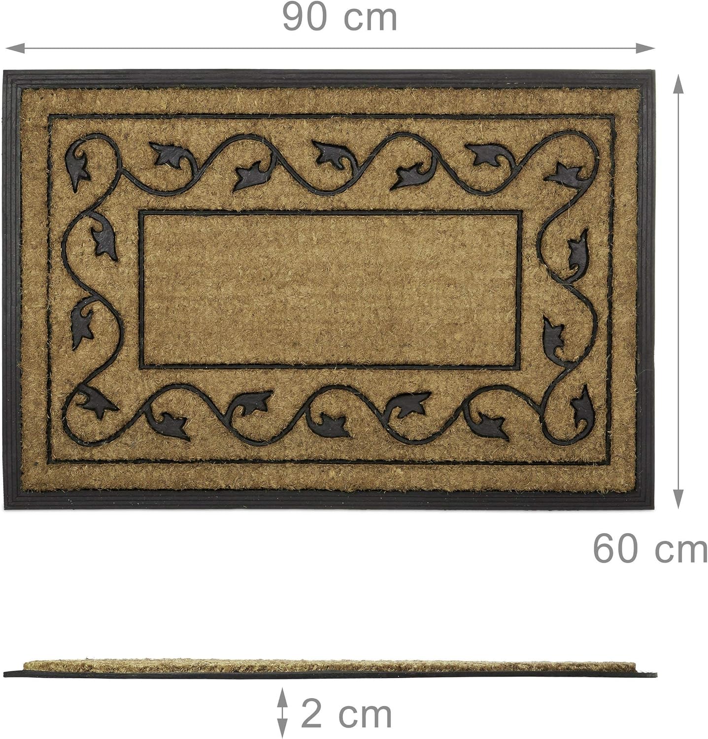 Relaxdays Rectangular Doormat with Decorative Pattern, Brown/Black, 2 x 90 x 60 cm, Large, Natural, 60 x 90 cm (Rectangular) - Image 4