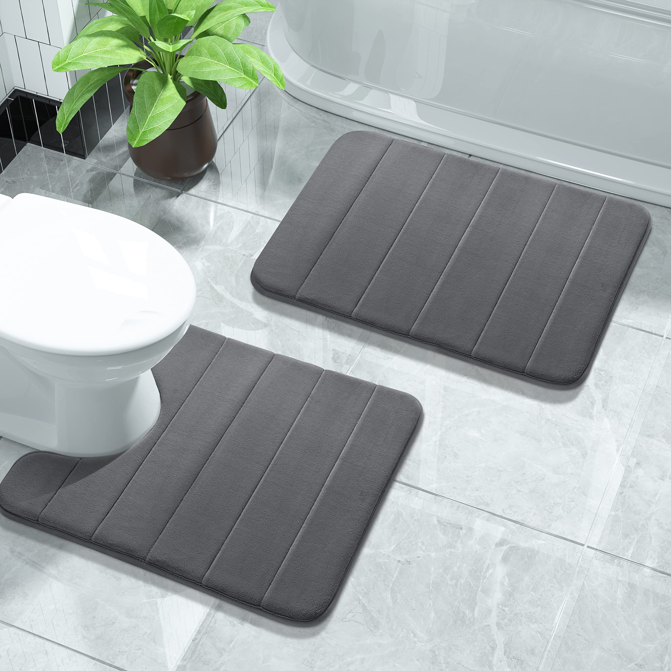 Yimobra Memory Foam Bath Mat Set, 2 Piece Soft Bathroom Rugs, 43x61 cm and 61x52 cm U-Shaped Rugs, Toilet Mat, Water Absorption, Non Slip, Thick, Dry Fast for Bathroom Floor Mat, Dark Gray